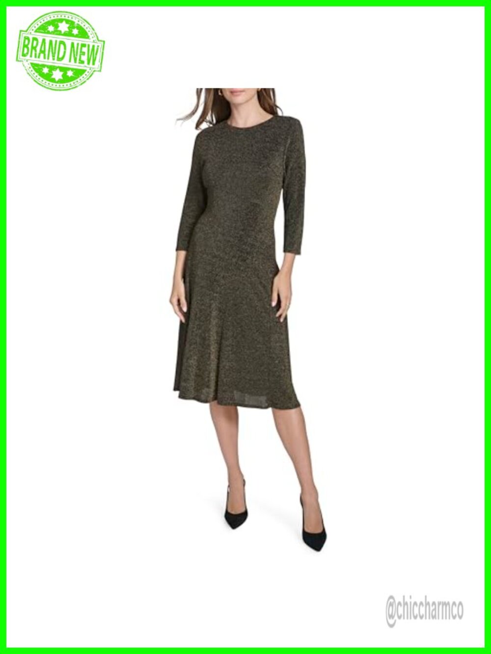 Halston 3/4 Sleeve Scoop Neck Textured Jersey Midi Dress Semi Formal